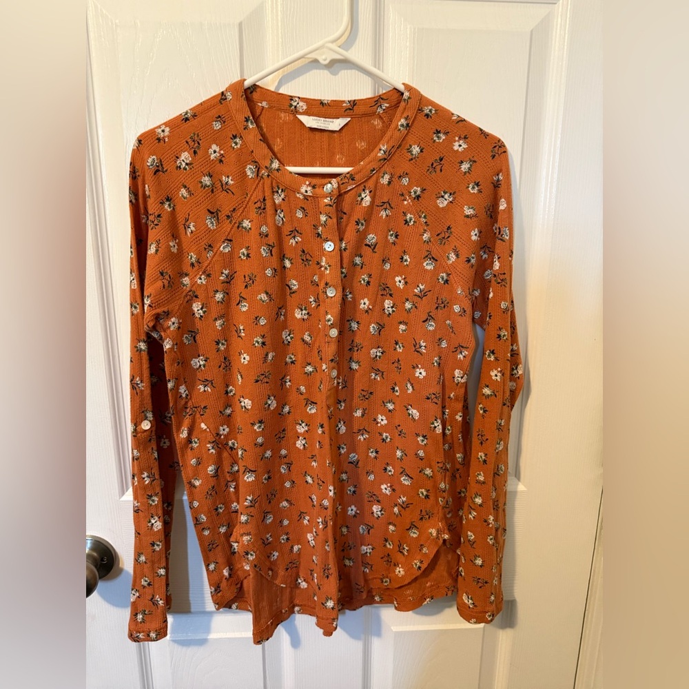 Lucky Brand Henley Top Floral Orange Size Small  100% Cotton